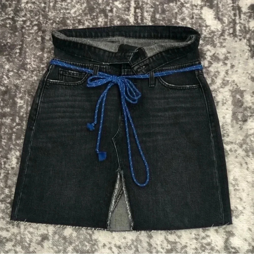 New Hudson Sloan Denim Skirt Fold Down belt raw edge high waist mini pencil jean